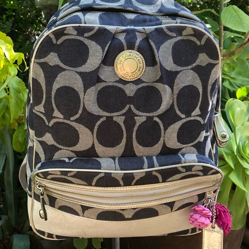 Coach Denim Signature Poppy Backpack F19691 Denim & Metallic Silver Stripe.